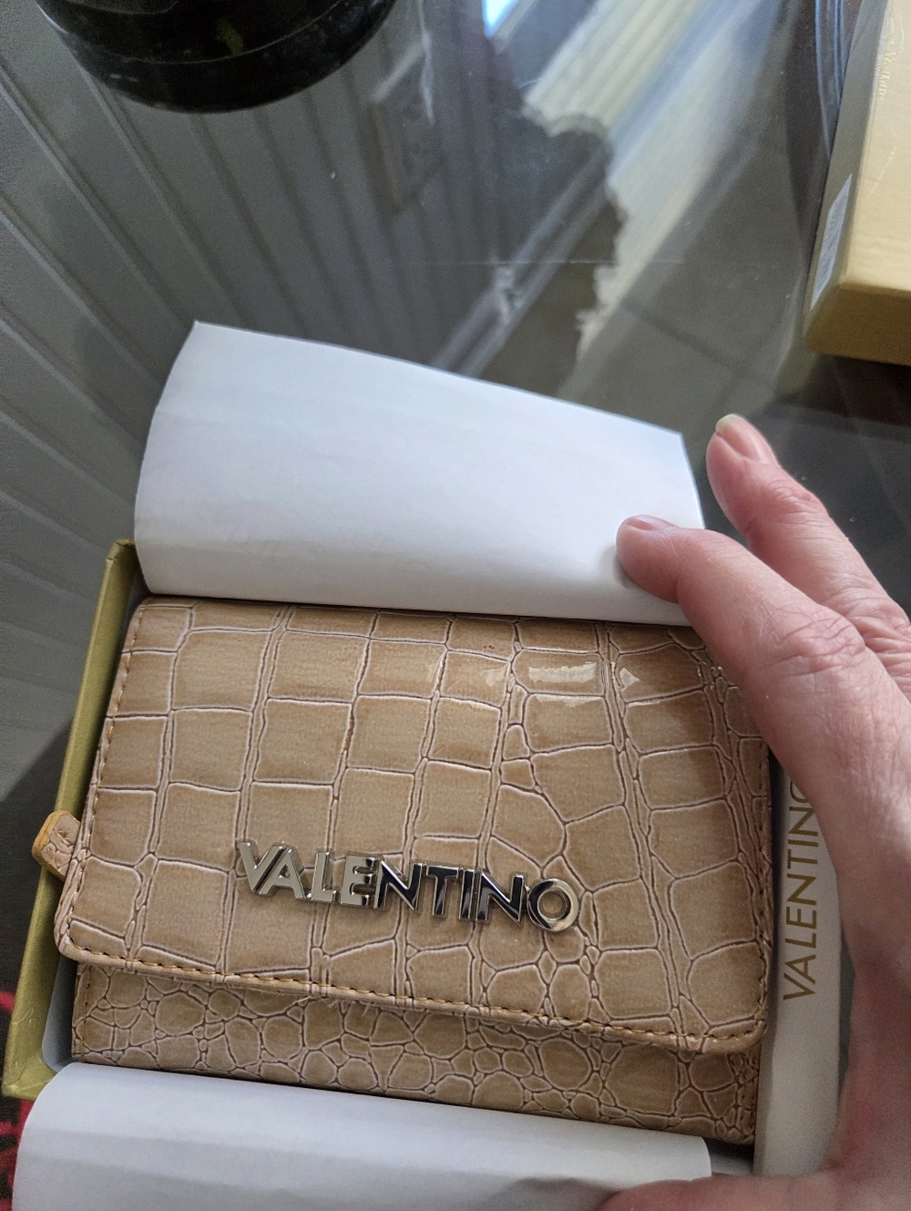 Mario Valentino Croc-Embossed Beige Wallet with Metal Logo NEW IN BOX